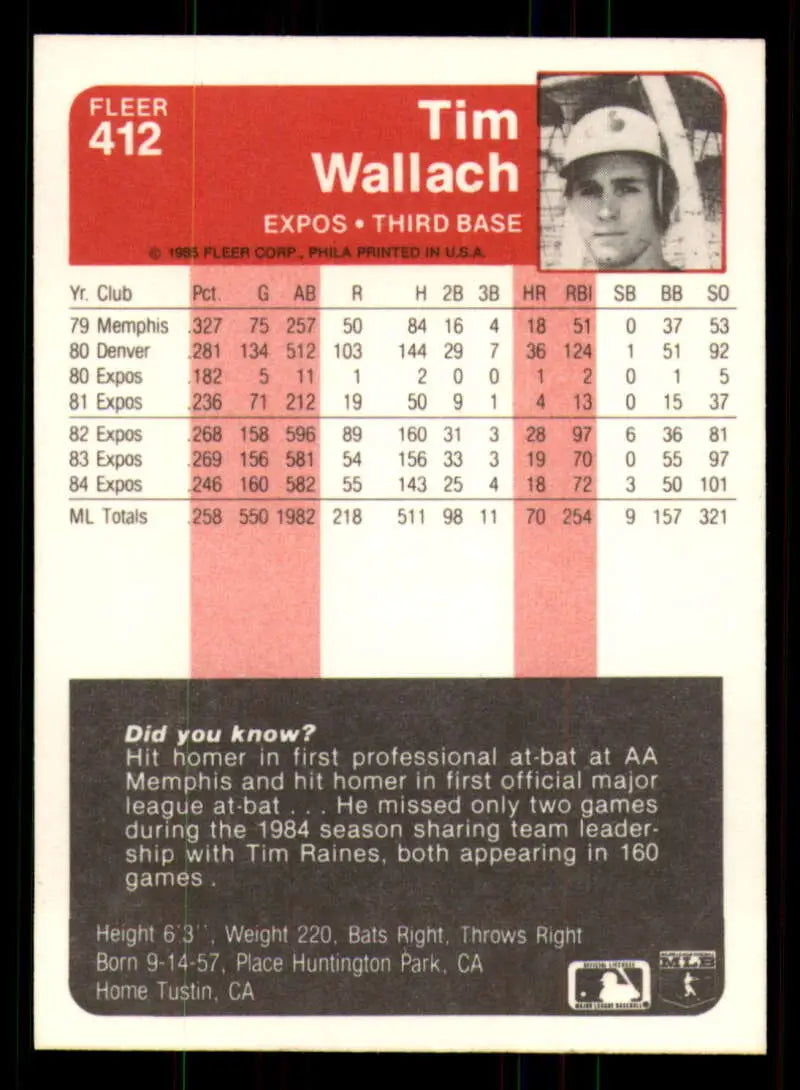 1985 Fleer #412 Tim Wallach EX Excellent Montreal Expos Baseball Card - Baseball Card Single