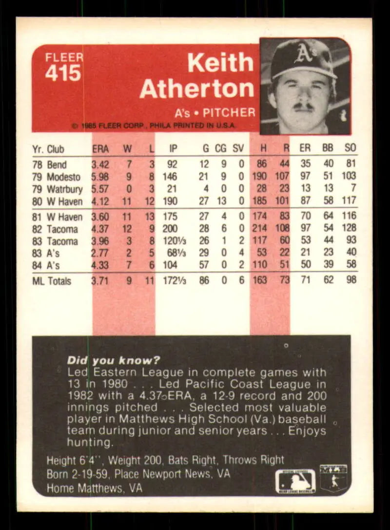 1985 Fleer #415 Keith Atherton EX Excellent Oakland Athletics Baseball Card - Baseball Card Single