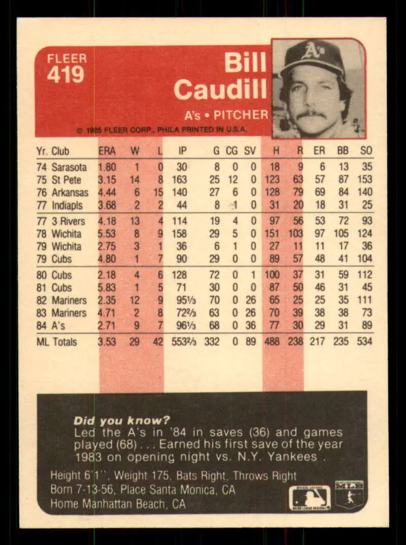 1985 Fleer #419 Bill Caudill EX Excellent Oakland Athletics Baseball Card - Baseball Card Single