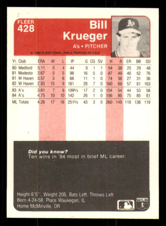 1985 Fleer #428 Bill Krueger EX Excellent Oakland Athletics Baseball Card - Baseball Card Single