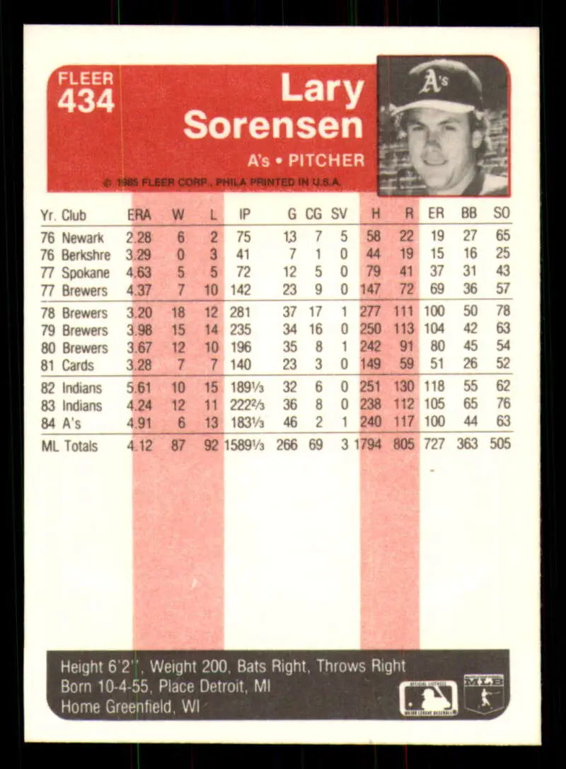 1985 Fleer #434 Lary Sorensen EX Excellent Oakland Athletics Baseball Card - Baseball Card Single