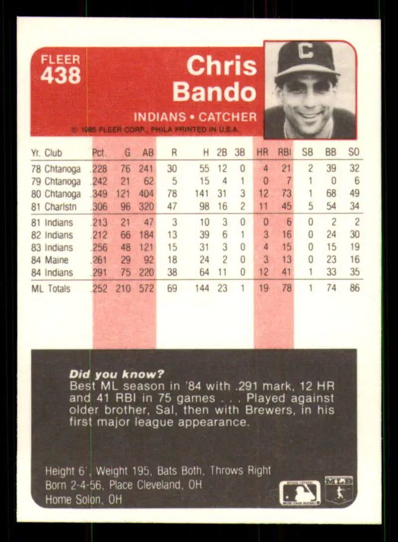 1985 Fleer #438 Chris Bando EX Excellent Cleveland Indians Baseball Card - Baseball Card Single