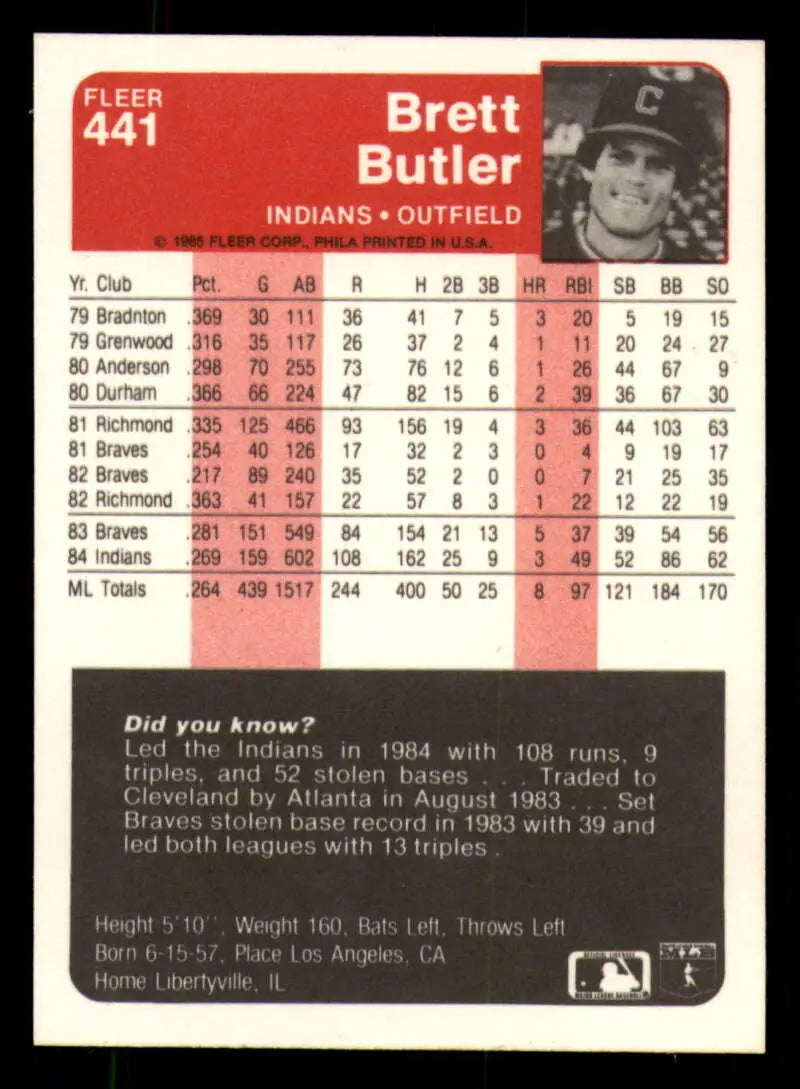 1985 Fleer #441 Brett Butler EX Excellent Cleveland Indians Baseball Card - Baseball Card Single