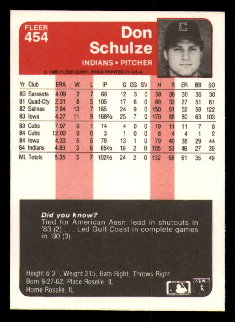 1985 Fleer #454 Don Schulze EX Excellent Cleveland Indians Baseball Card - Baseball Card Single