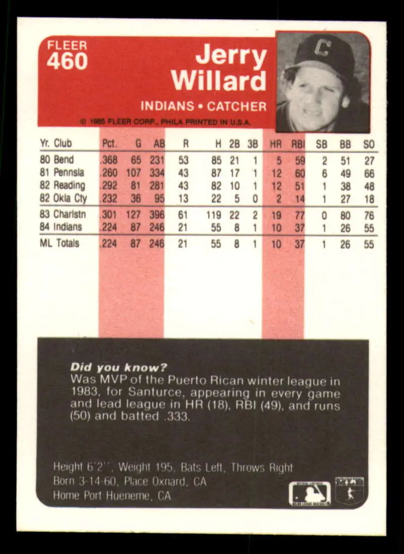 1985 Fleer #460 Jerry Willard EX Excellent Cleveland Indians Baseball Card - Baseball Card Single
