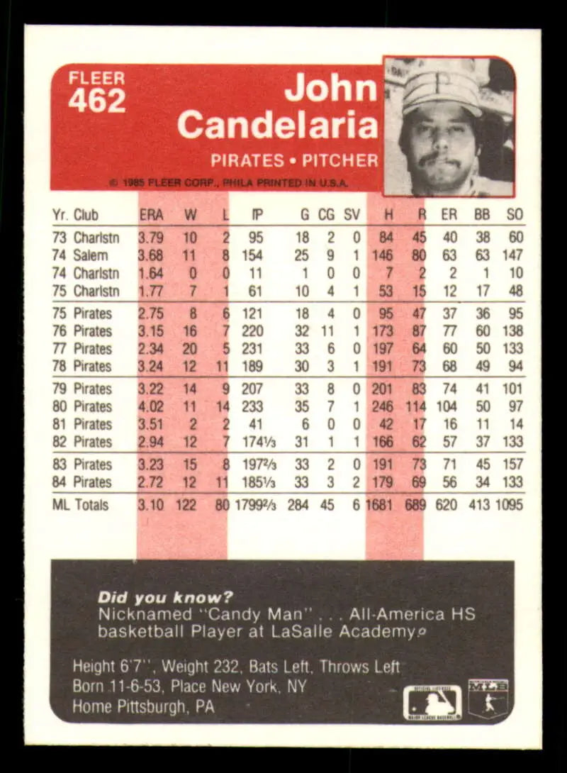1985 Fleer #462 John Candelaria EX Excellent Pittsburgh Pirates Baseball Card - Baseball Card Single