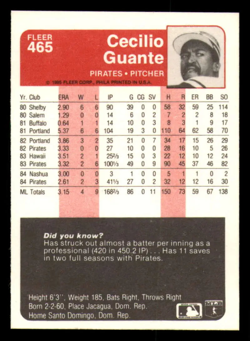 1985 Fleer #465 Cecilio Guante EX Excellent Pittsburgh Pirates Baseball Card - Baseball Card Single