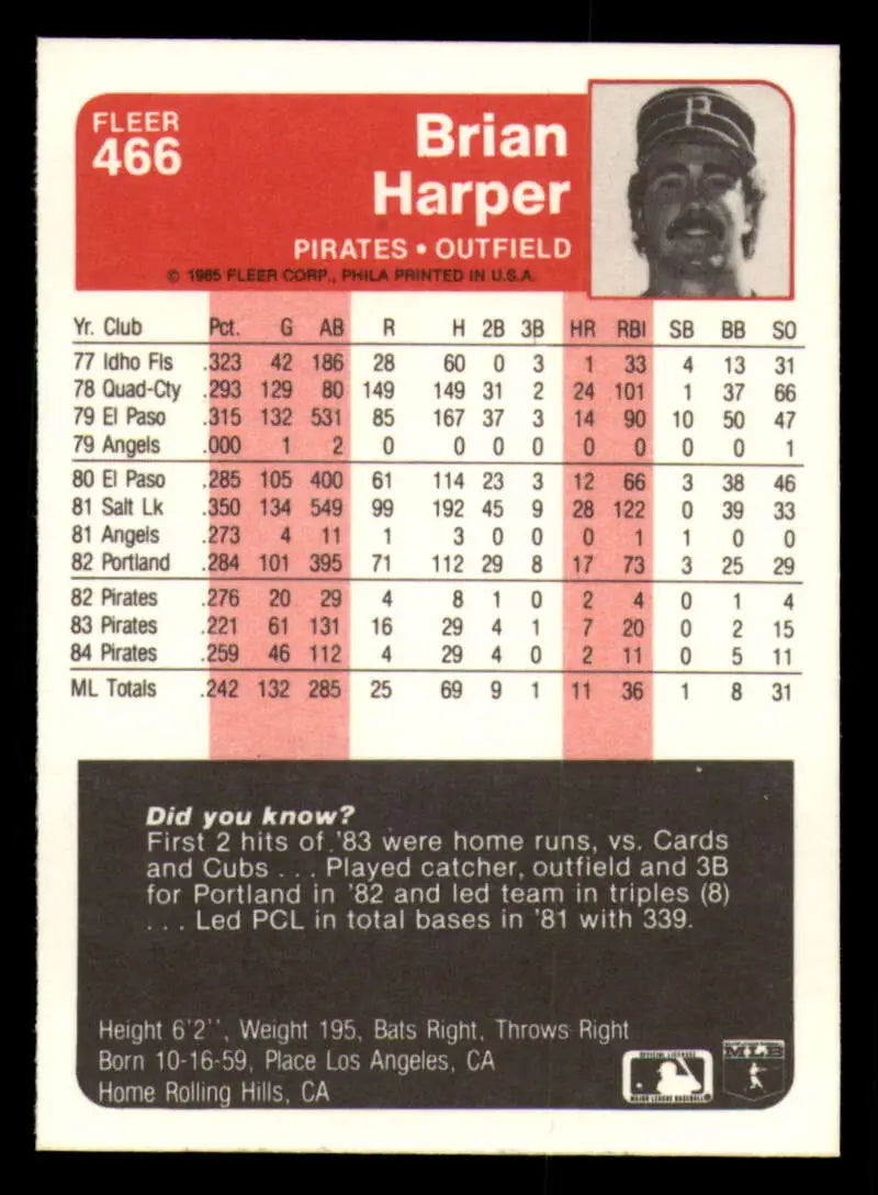 1985 Fleer #466 Brian Harper EX Excellent Pittsburgh Pirates Baseball Card - Baseball Card Single