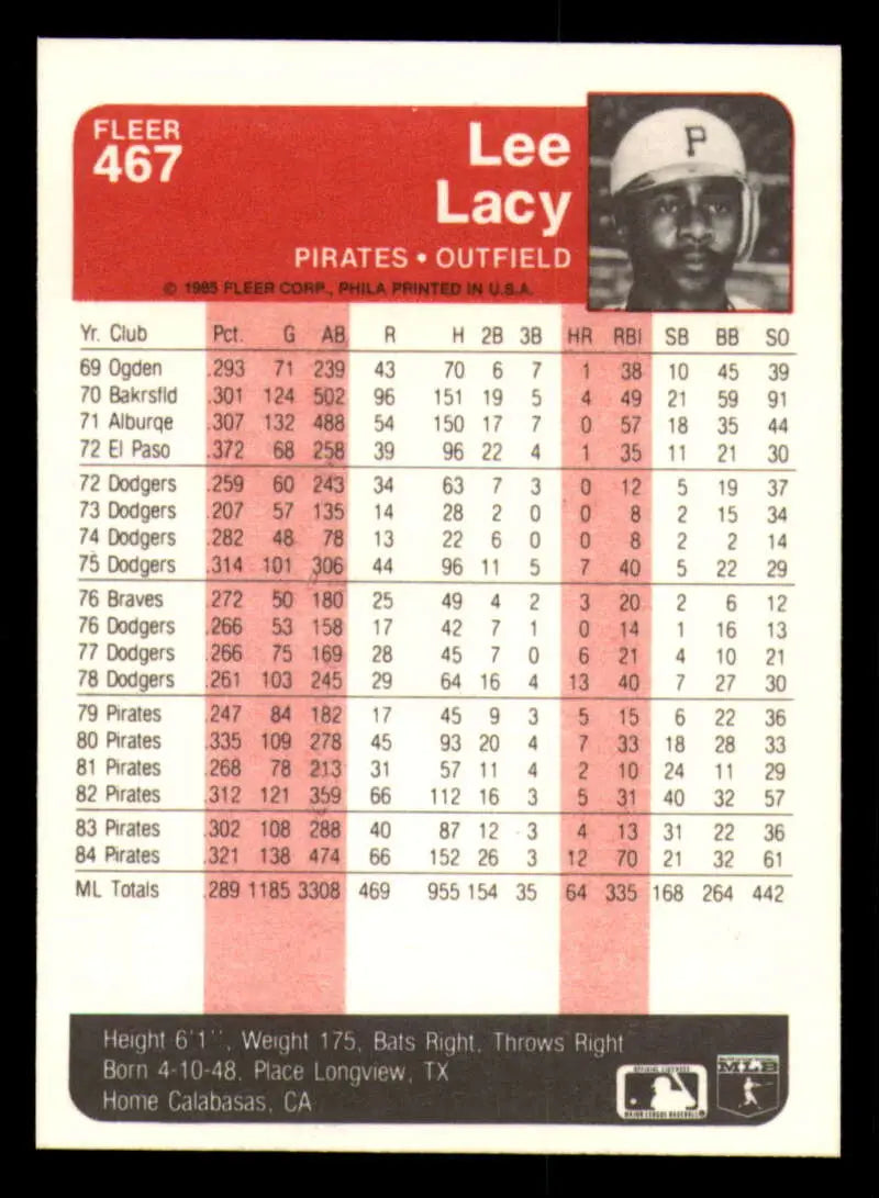 1985 Fleer #467 Lee Lacy EX Excellent Pittsburgh Pirates Baseball Card - Baseball Card Single