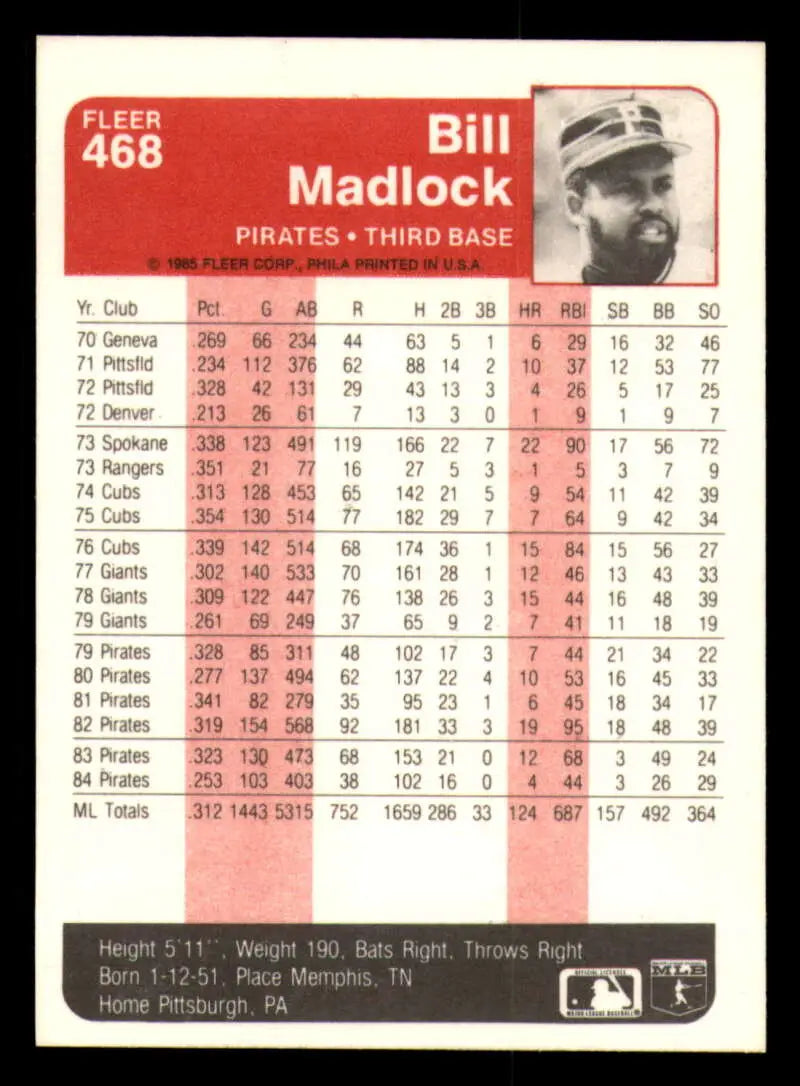1985 Fleer #468 Bill Madlock EX Excellent Pittsburgh Pirates Baseball Card - Baseball Card Single