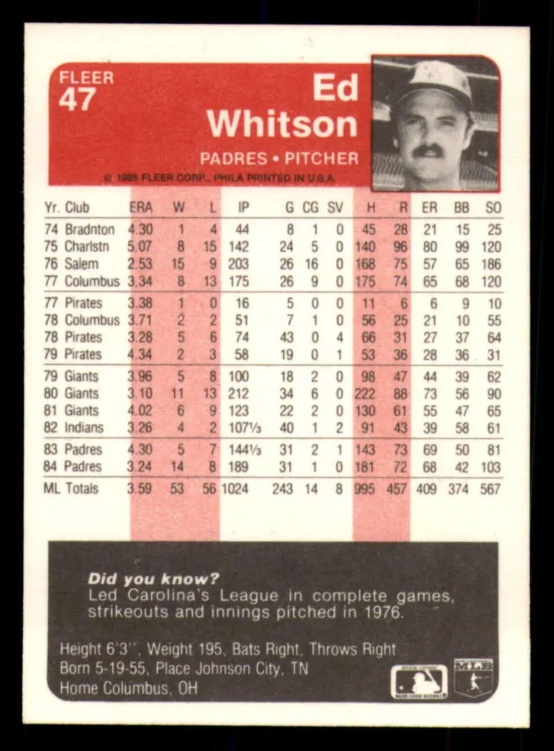 1985 Fleer #47 Ed Whitson EX Excellent San Diego Padres Baseball Card - Baseball Card Single