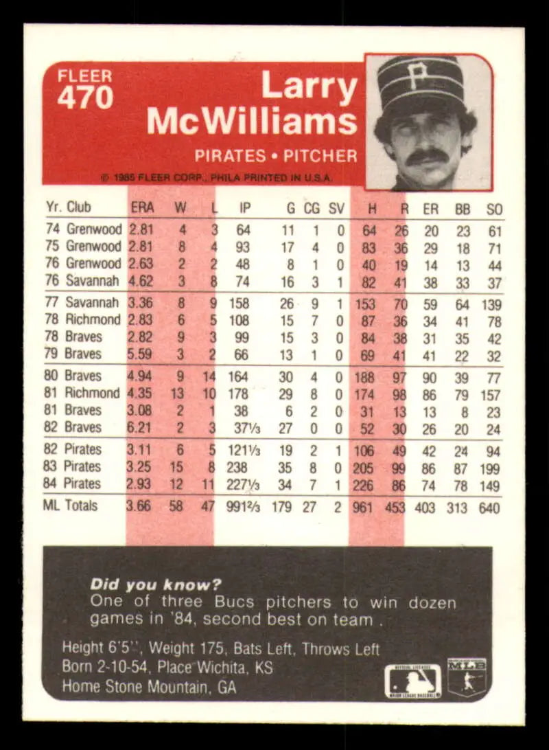 1985 Fleer #470 Larry McWilliams EX Excellent Pittsburgh Pirates Baseball Card - Baseball Card Single