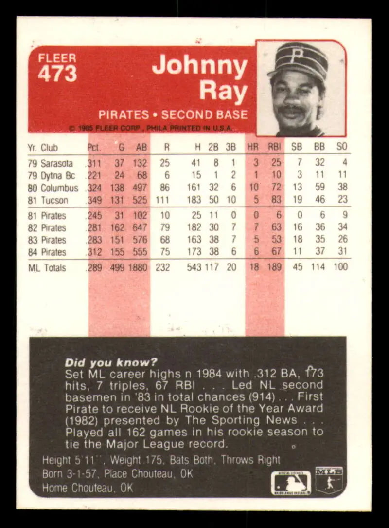 1985 Fleer #473 Johnny Ray EX Excellent Pittsburgh Pirates Baseball Card - Baseball Card Single