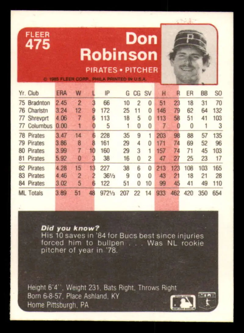 1985 Fleer #475 Don Robinson EX Excellent Pittsburgh Pirates Baseball Card - Baseball Card Single
