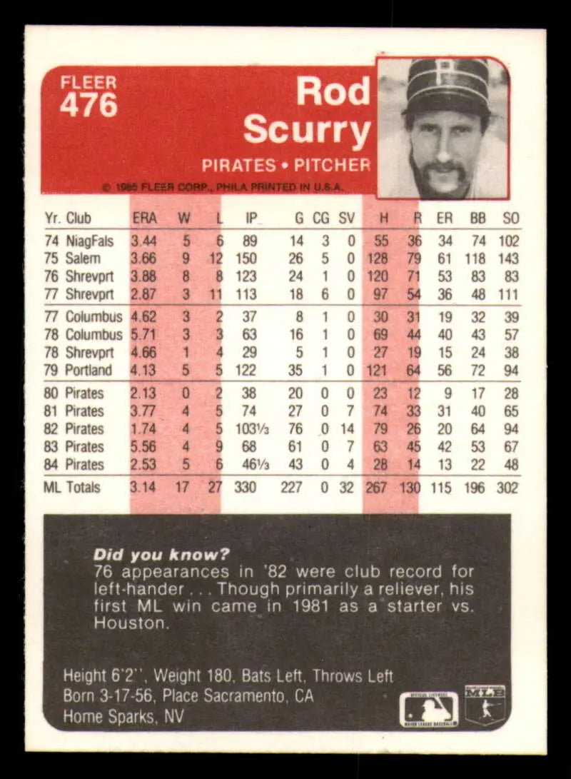 1985 Fleer #476 Rod Scurry EX Excellent Pittsburgh Pirates Baseball Card - Baseball Card Single