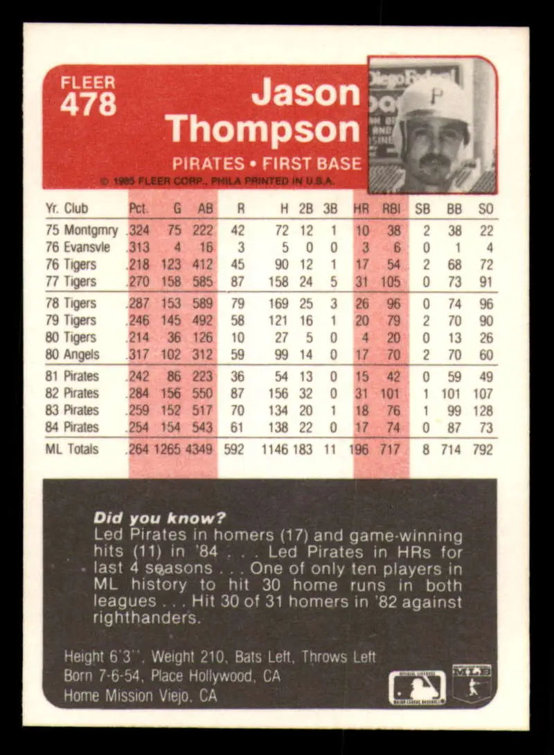 1985 Fleer #478 Jason Thompson EX Excellent Pittsburgh Pirates Baseball Card - Baseball Card Single