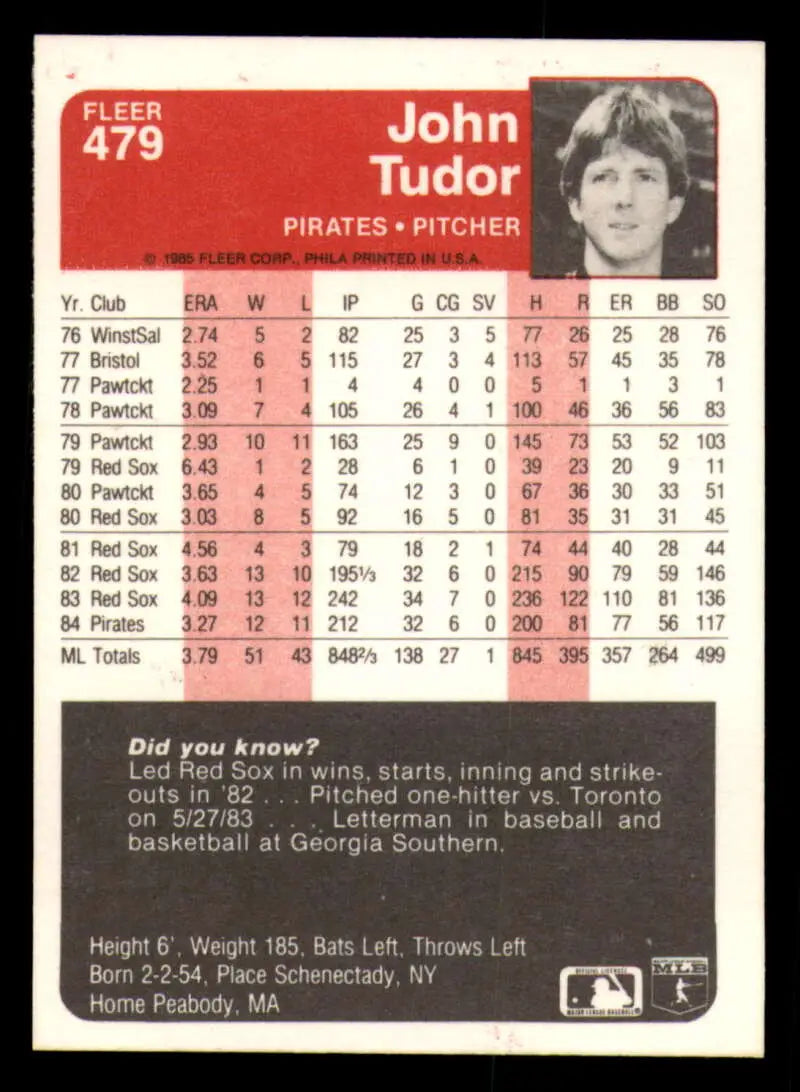 1985 Fleer #479 John Tudor EX Excellent Pittsburgh Pirates Baseball Card - Baseball Card Single