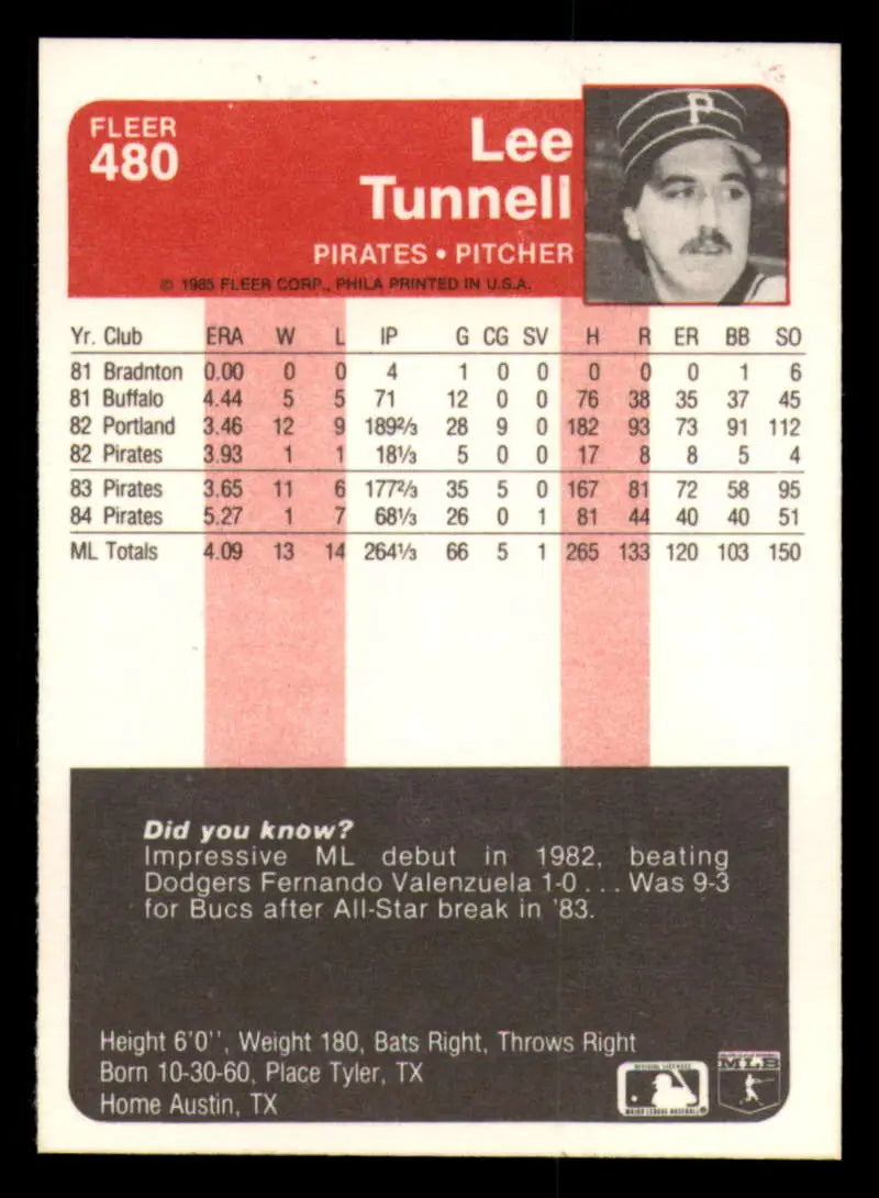 1985 Fleer #480 Lee Tunnell EX Excellent Pittsburgh Pirates Baseball Card - Baseball Card Single