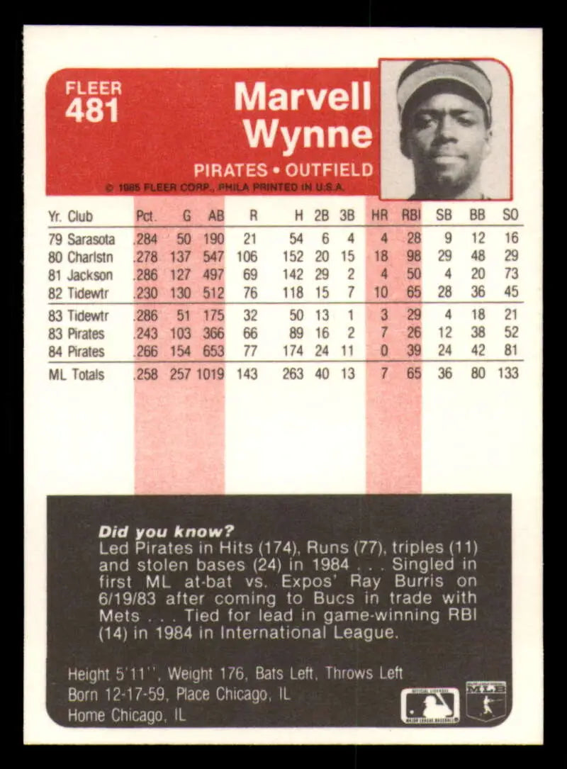 1985 Fleer #481 Marvell Wynne EX Excellent Pittsburgh Pirates Baseball Card - Baseball Card Single