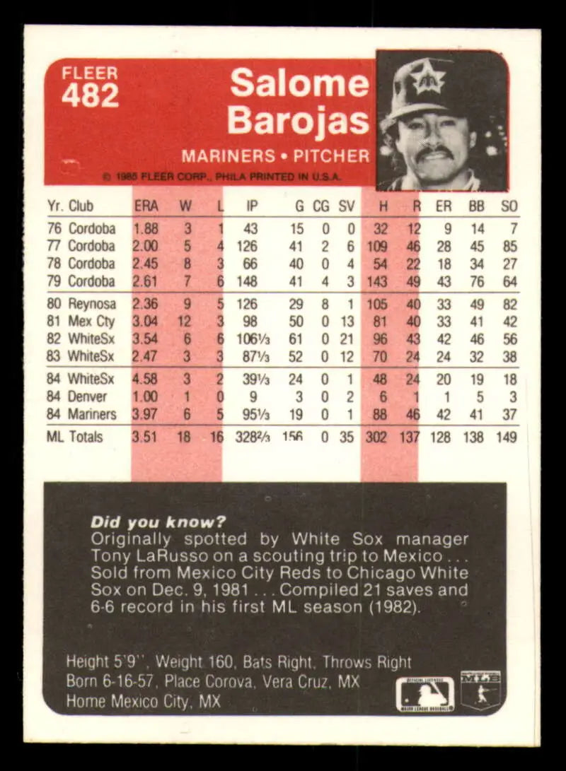 1985 Fleer #482 Salome Barojas EX Excellent Seattle Mariners Baseball Card - Baseball Card Single