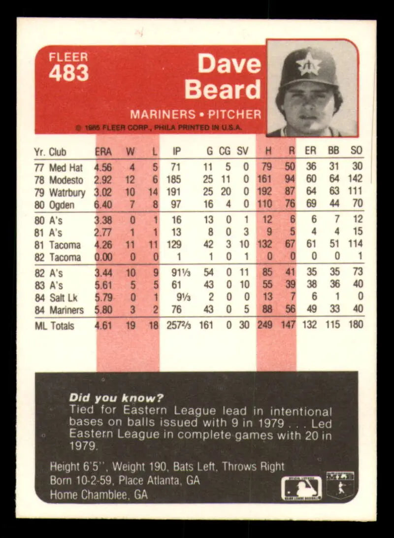 1985 Fleer #483 Dave Beard EX Excellent Seattle Mariners Baseball Card - Baseball Card Single