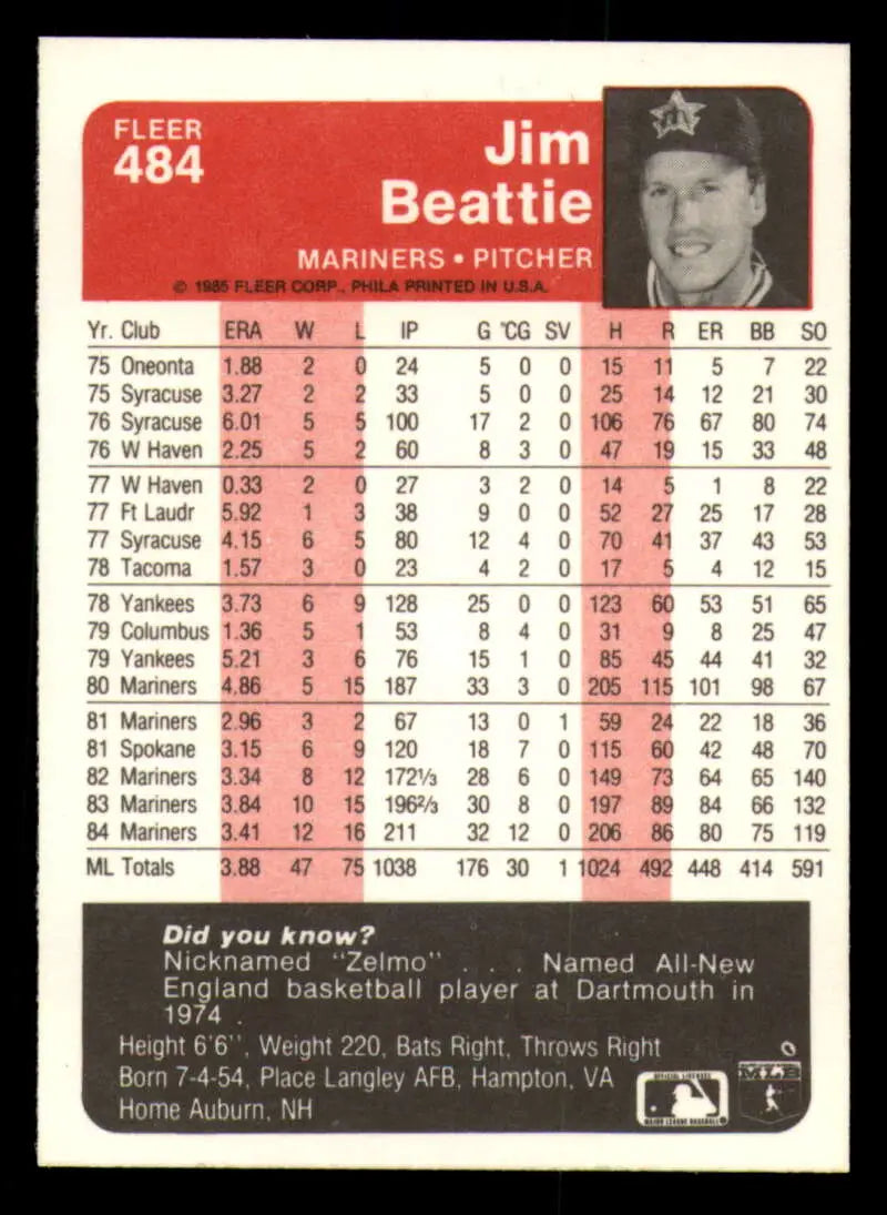 1985 Fleer #484 Jim Beattie EX Excellent Seattle Mariners Baseball Card - Baseball Card Single