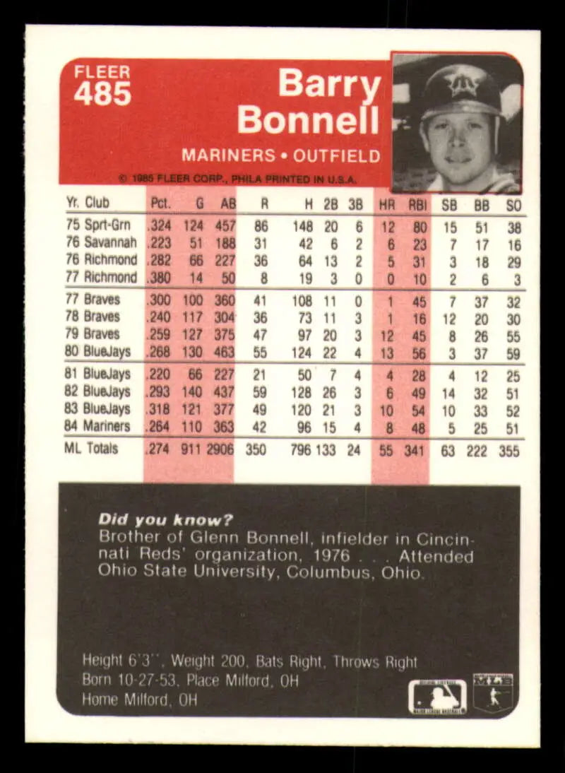 1985 Fleer #485 Barry Bonnell EX Excellent Seattle Mariners Baseball Card - Baseball Card Single