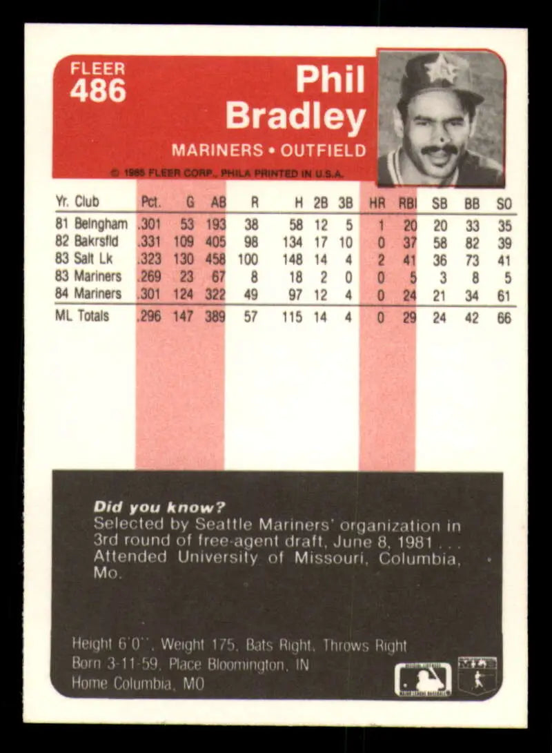 1985 Fleer #486 Phil Bradley EX Excellent RC Rookie Seattle Mariners Baseball Card - Baseball Card Single