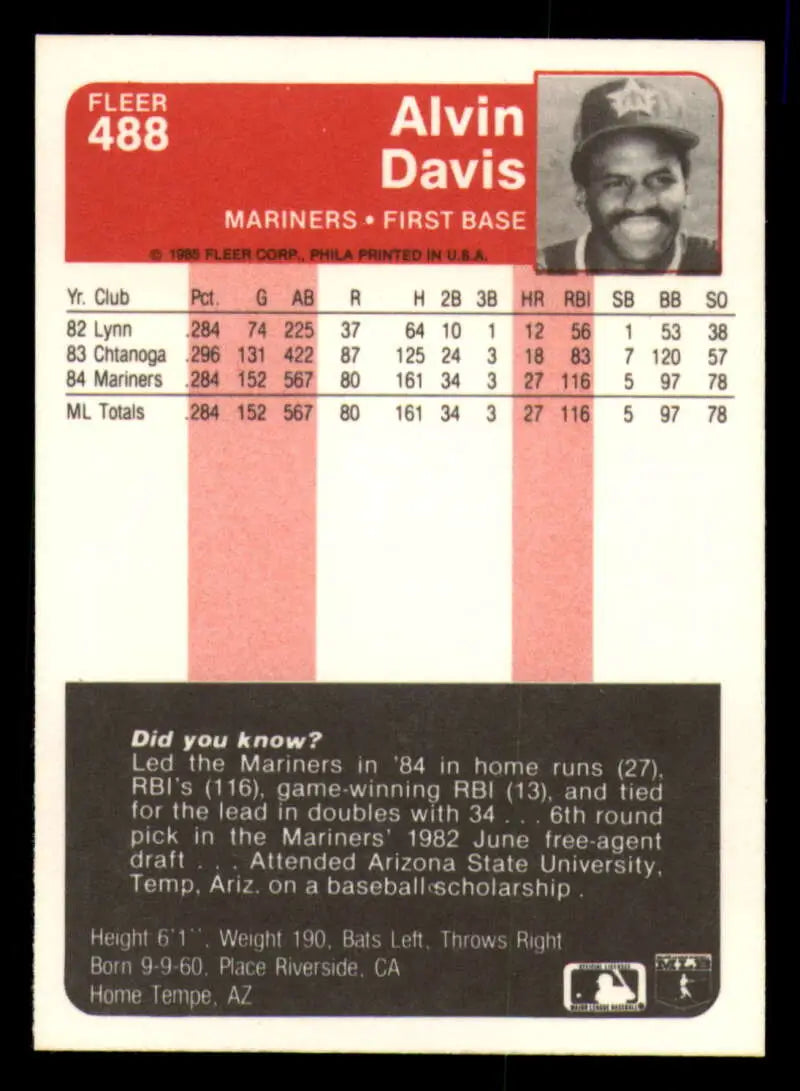 1985 Fleer #488 Alvin Davis EX Excellent RC Rookie Seattle Mariners Baseball Card - Baseball Card Single