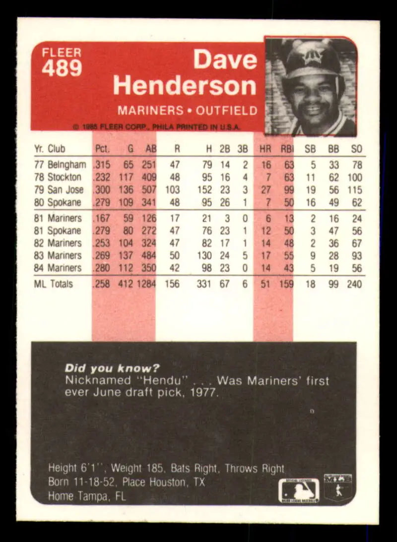 1985 Fleer #489 Dave Henderson EX Excellent Seattle Mariners Baseball Card - Baseball Card Single