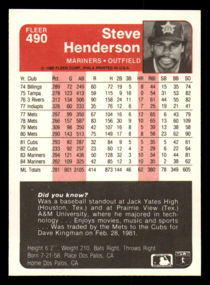 1985 Fleer #490 Steve Henderson EX Excellent Seattle Mariners Baseball Card - Baseball Card Single