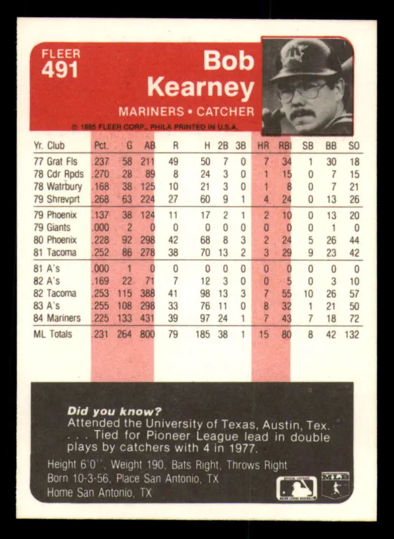1985 Fleer #491 Bob Kearney EX Excellent Seattle Mariners Baseball Card - Baseball Card Single