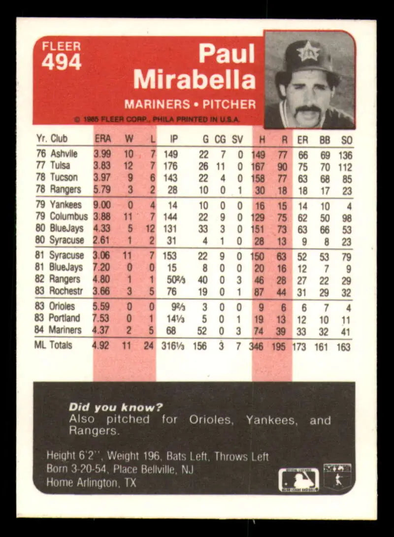 1985 Fleer #494 Paul Mirabella EX Excellent Seattle Mariners Baseball Card - Baseball Card Single