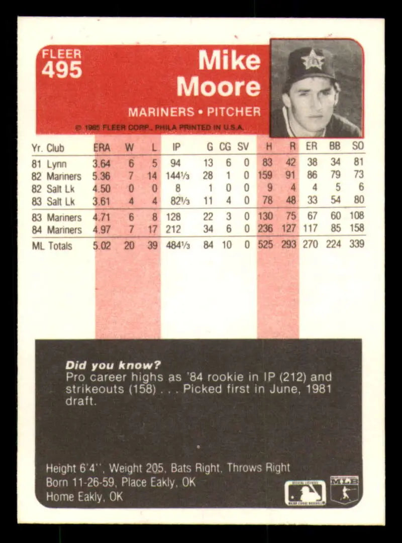1985 Fleer #495 Mike Moore EX Excellent Seattle Mariners Baseball Card