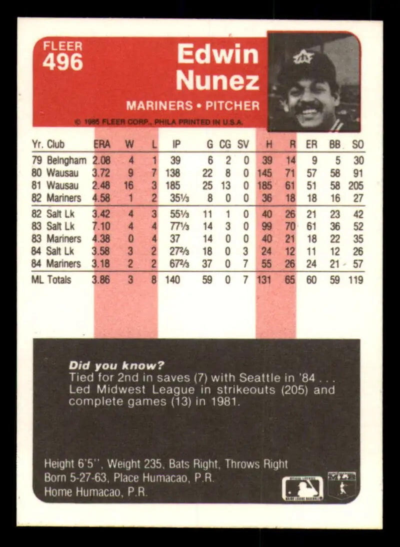 1985 Fleer #496 Edwin Nunez EX Excellent Seattle Mariners Baseball Card - Baseball Card Single