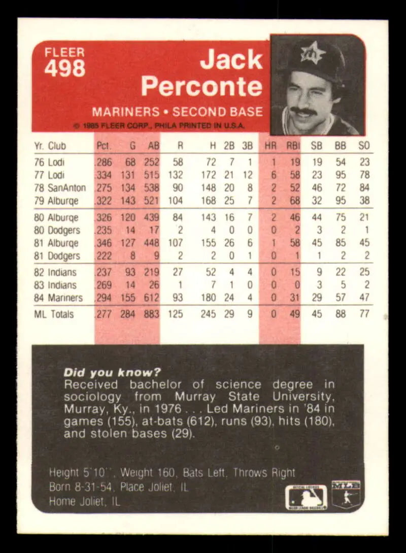 1985 Fleer #498 Jack Perconte EX Excellent Seattle Mariners Baseball Card - Baseball Card Single