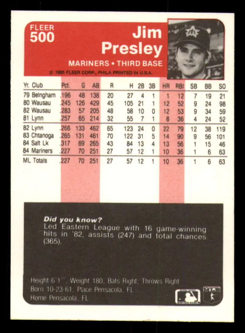 1985 Fleer #500 Jim Presley EX Excellent Seattle Mariners Baseball Card - Baseball Card Single