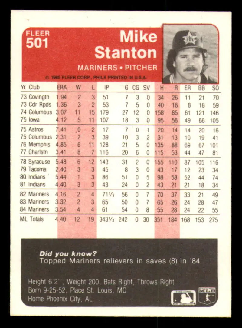 1985 Fleer #501 Mike Stanton EX Excellent Seattle Mariners Baseball Card - Baseball Card Single