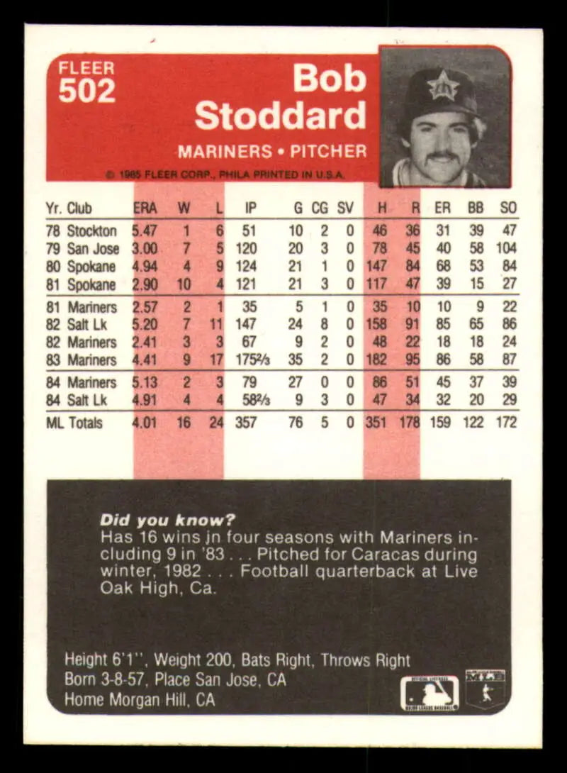 1985 Fleer #502 Bob Stoddard EX Excellent Seattle Mariners Baseball Card - Baseball Card Single