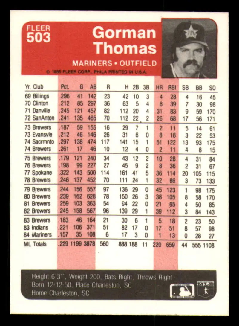 1985 Fleer #503 Gorman Thomas EX Excellent Seattle Mariners Baseball Card - Baseball Card Single