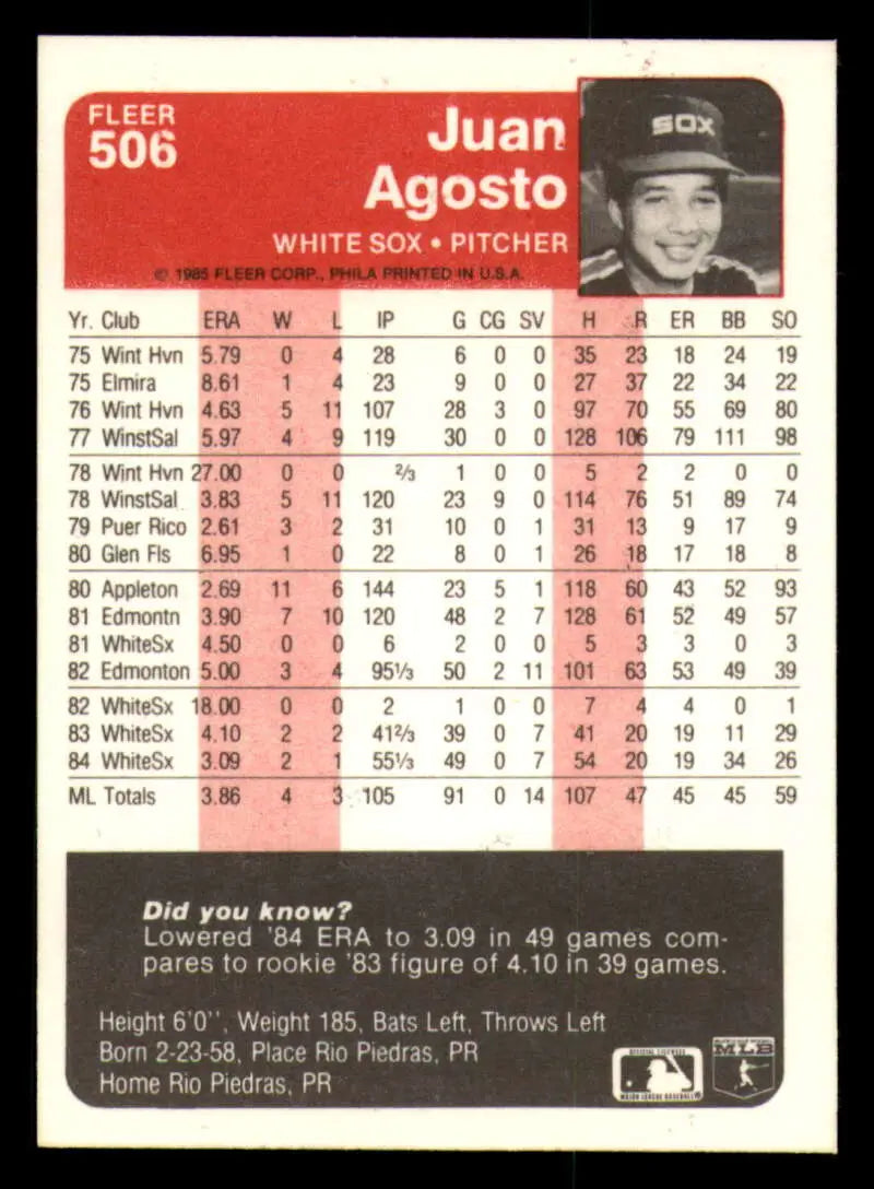 1985 Fleer #506 Juan Agosto EX Excellent Chicago White Sox Baseball Card - Baseball Card Single