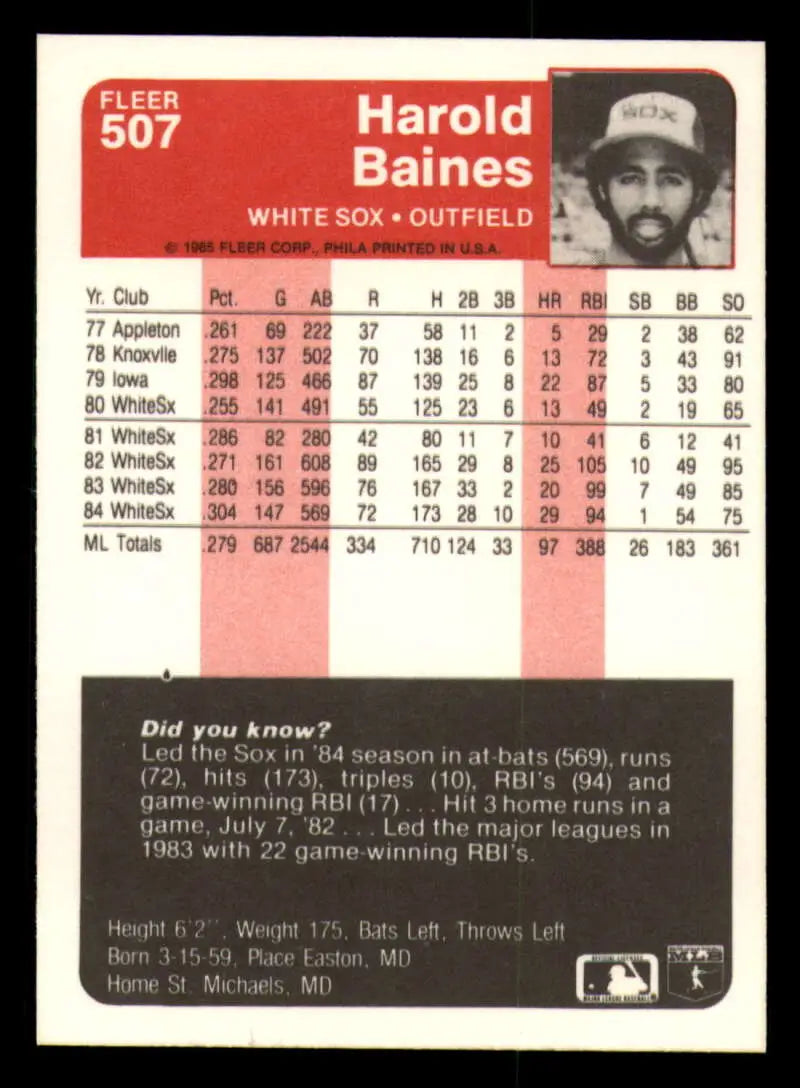 1985 Fleer #507 Harold Baines EX Excellent Chicago White Sox Baseball Card - Baseball Card Single