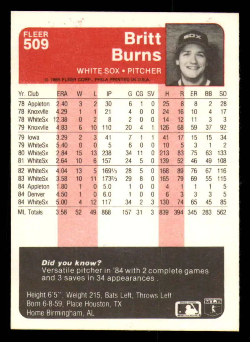 1985 Fleer #509 Britt Burns EX Excellent Chicago White Sox Baseball Card - Baseball Card Single