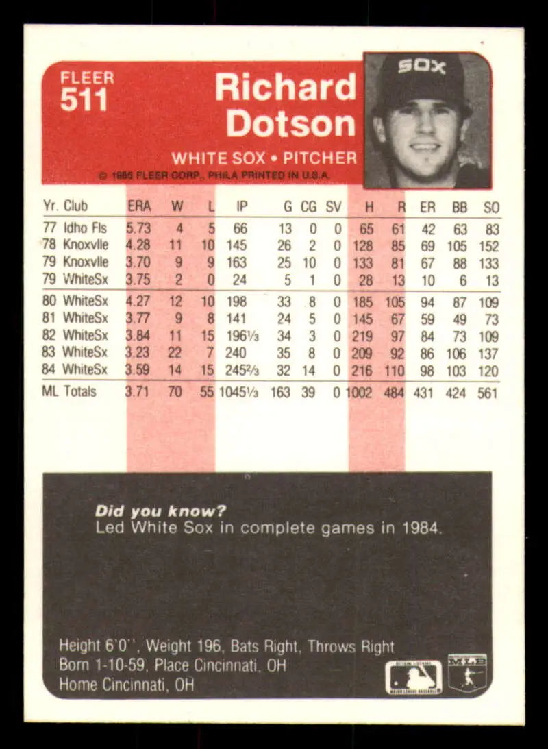 1985 Fleer #511 Richard Dotson EX Excellent Chicago White Sox Baseball Card - Baseball Card Single