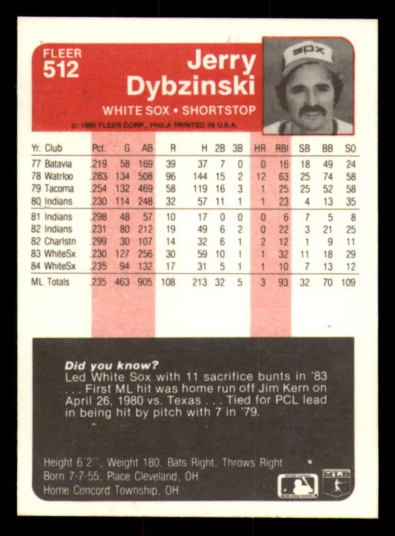 1985 Fleer #512 Jerry Dybzinski EX Excellent Chicago White Sox Baseball Card - Baseball Card Single