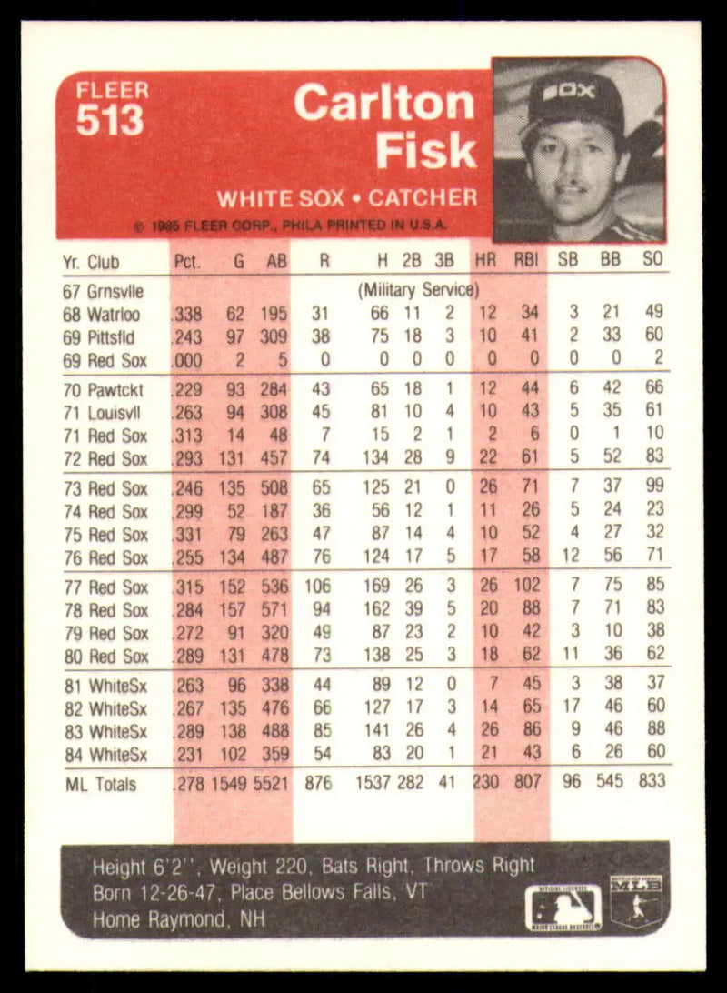 1985 Fleer #513 Carlton Fisk EX Excellent Chicago White Sox Baseball Card - Baseball Card Single