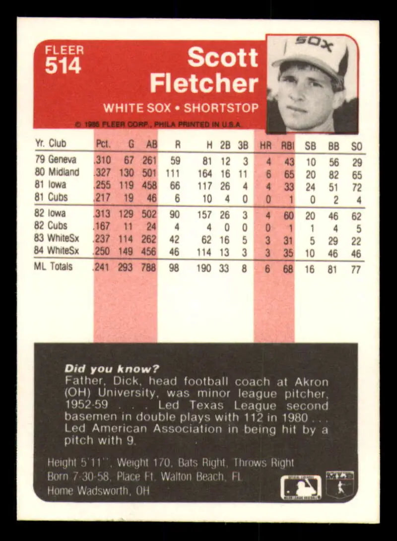 1985 Fleer #514 Scott Fletcher EX Excellent Chicago White Sox Baseball Card - Baseball Card Single
