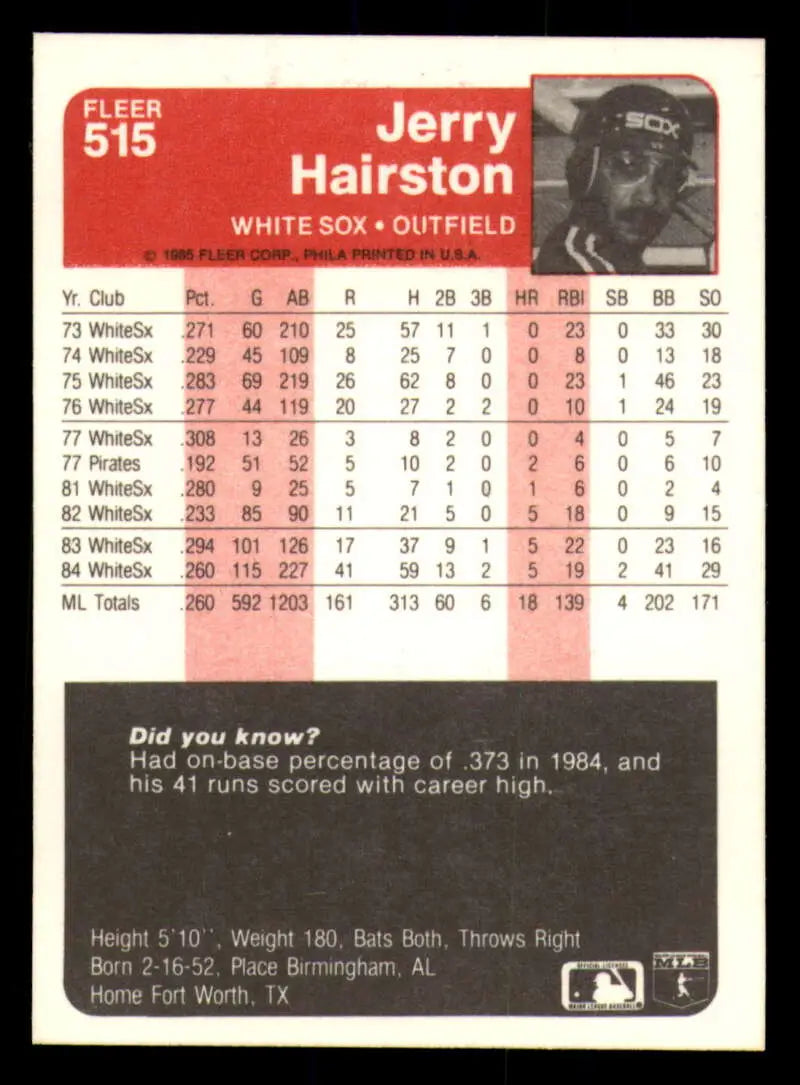 1985 Fleer #515 Jerry Hairston EX Excellent Chicago White Sox Baseball Card - Baseball Card Single