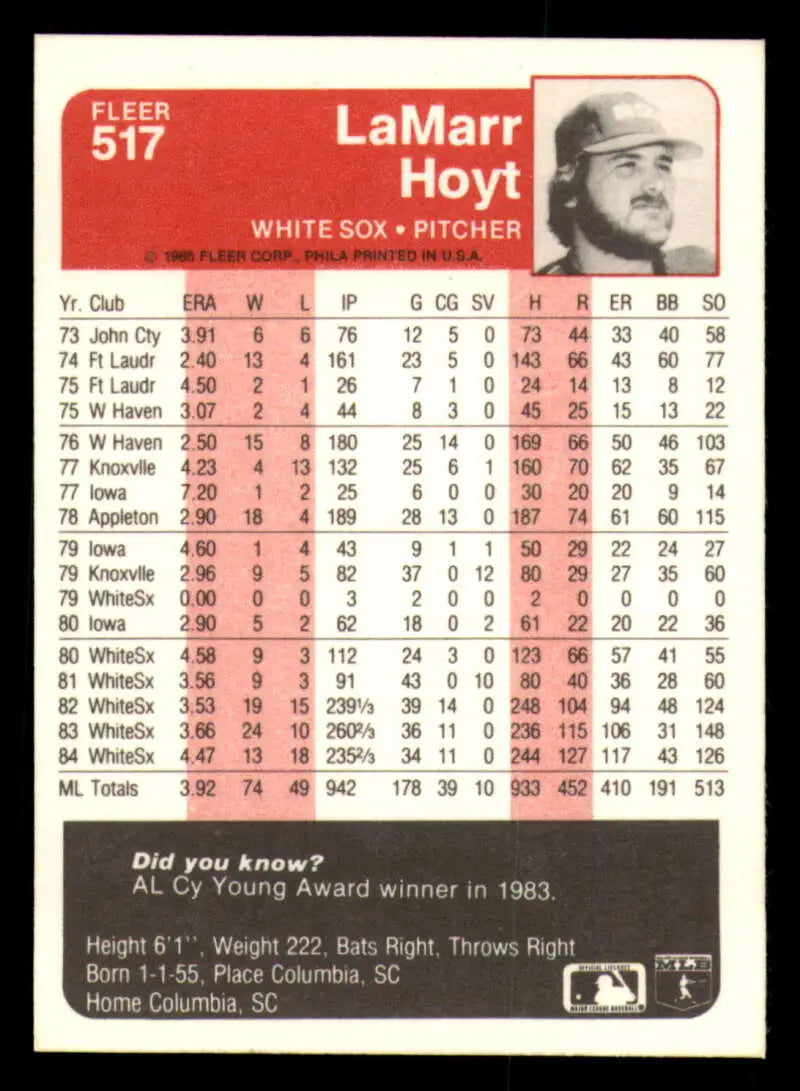 1985 Fleer #517 LaMarr Hoyt EX Excellent Chicago White Sox Baseball Card - Baseball Card Single