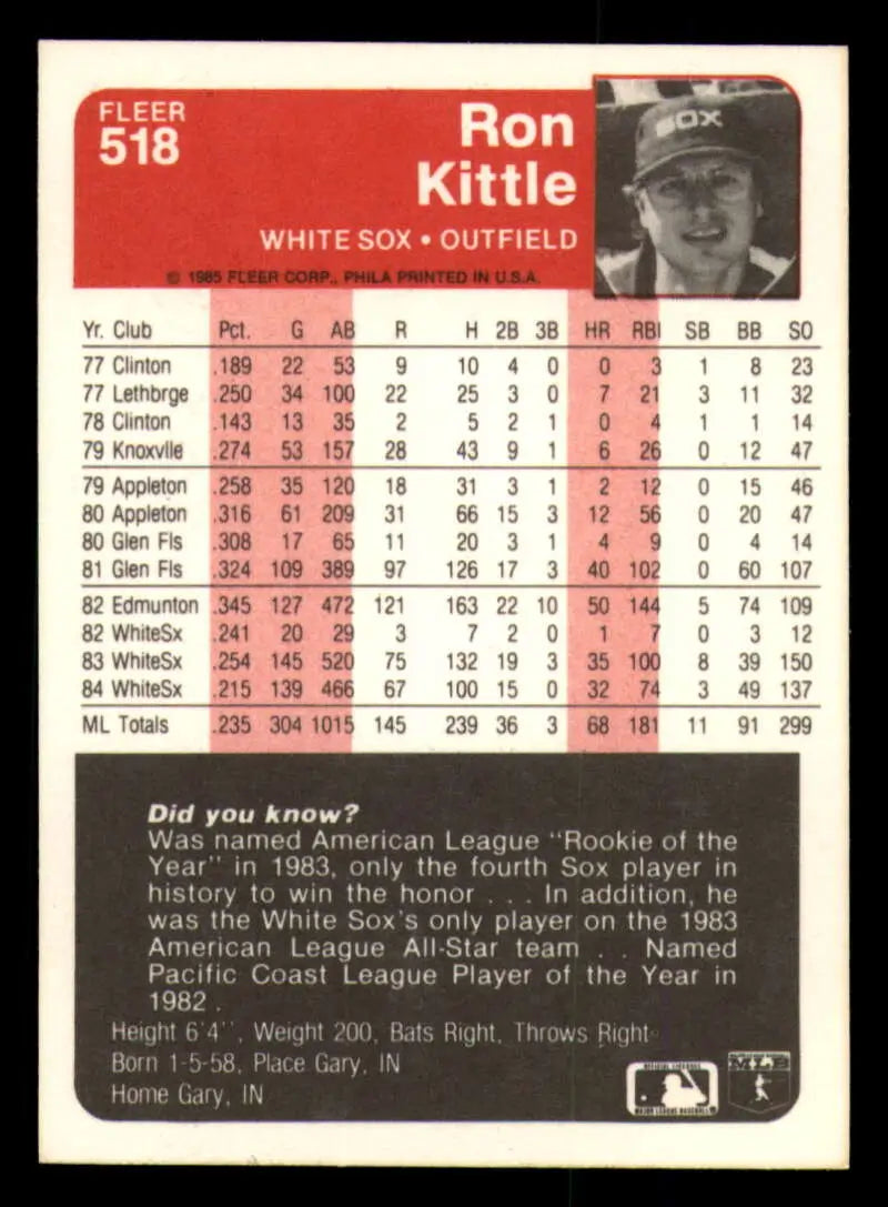 1985 Fleer #518 Ron Kittle EX Excellent Chicago White Sox Baseball Card - Baseball Card Single